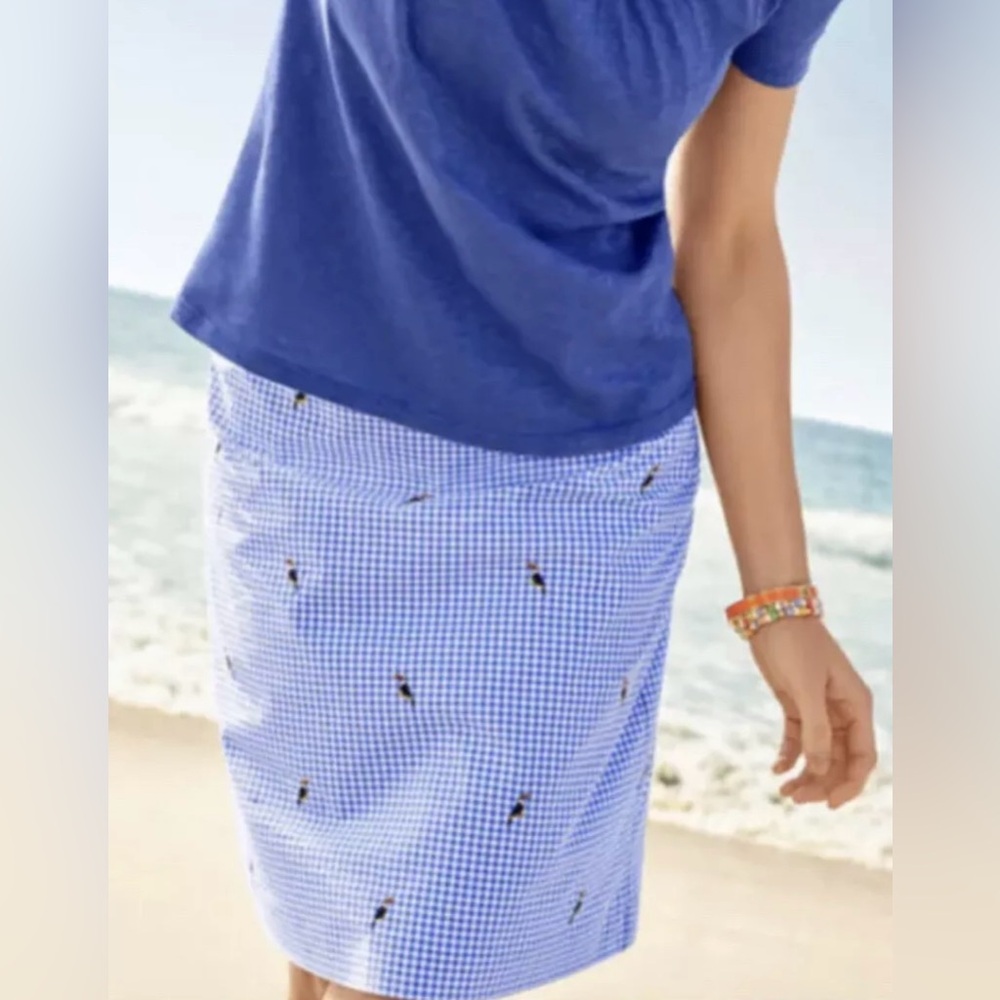 Talbots Gingham Toucan A-Line Skirt Sz 8 Blue White Cotton Lined‎ Above Knee